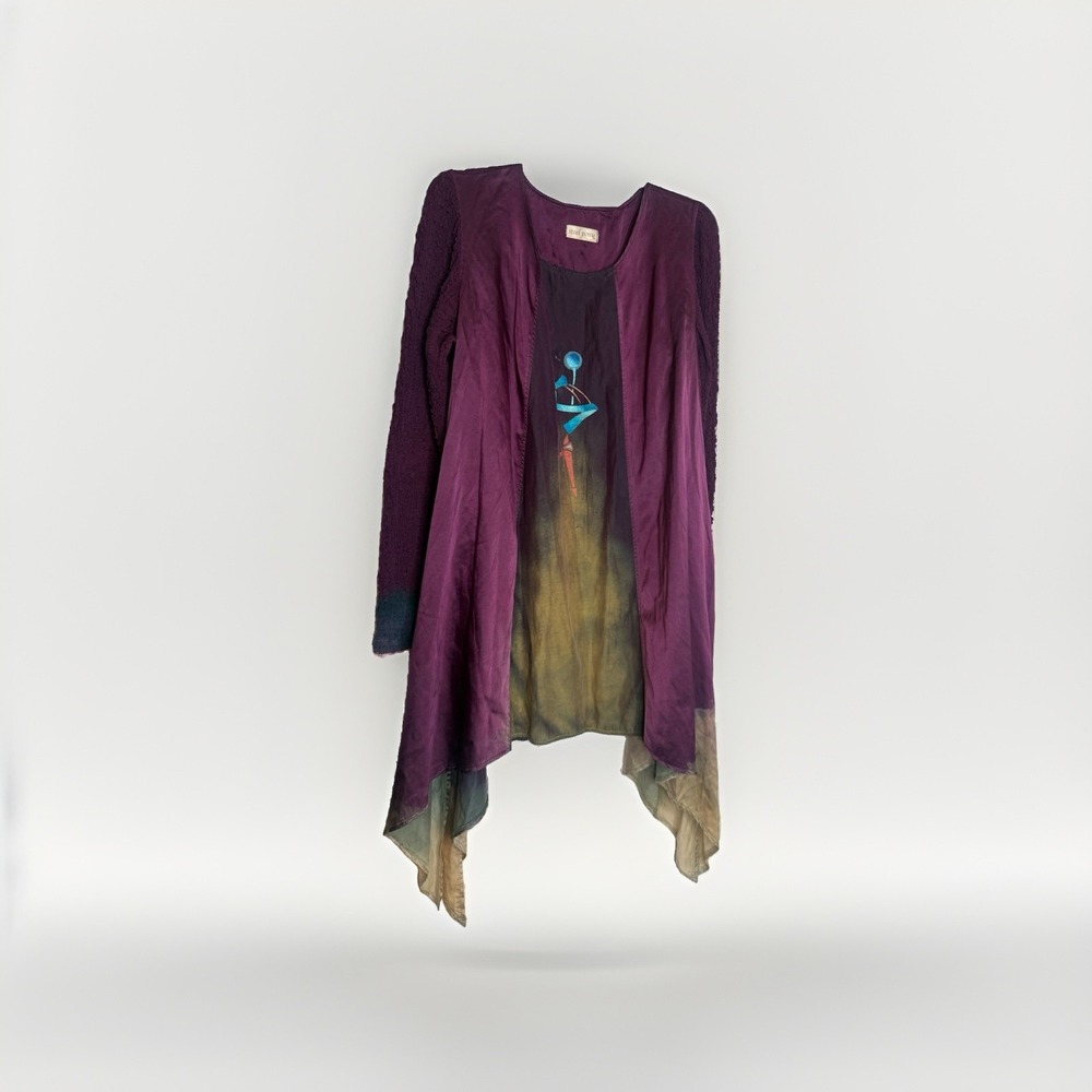 Steel Pony Top Womens O/S Boho Art Tie Dye Long Sleeve Asymmetrical Hem Silk